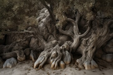 Fototapeta na wymiar Nature displays varied textures: rough tree, lined stones and sand forming dunes., generative IA