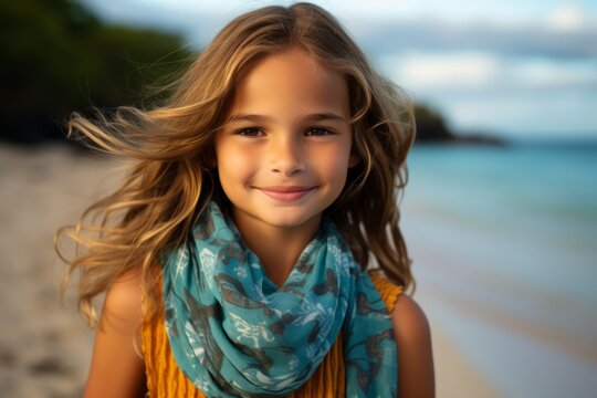 Portrait of a cute little girl on the beach at sunset.