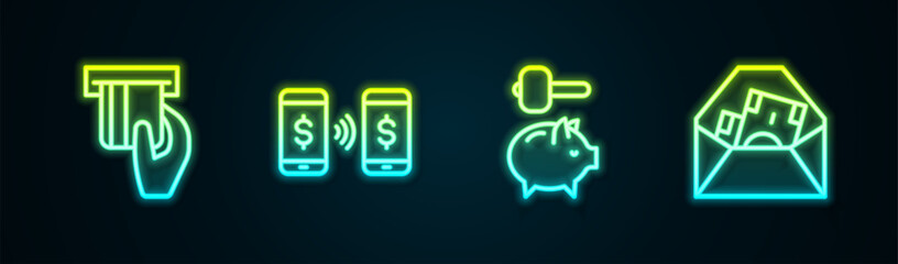 Set line Credit card inserted, Money payment transfer, Piggy bank and hammer and Envelope with dollar symbol. Glowing neon icon. Vector