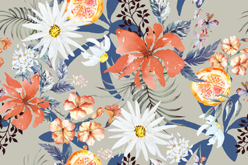 Flower seamless pattern with watercolor.Designed for fabric and wallpaper, vintage style.Blooming floral painting for summer.Flower background.Botany background.
