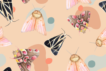 Seamless pattern of moth, butterflies paint with watercolor.For designing colorful fabric patterns and wallpaper.Background abstract fantasy.Flying insects pastel background.