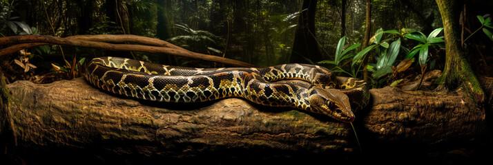 Obraz premium Spellbinding panoramic scene of a realistic boa snake, highlighted amidst soaring dust particles, evoking a thrilling encounter with nature's raw power.