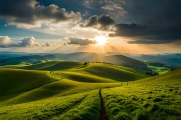 Fototapeta premium panorama of beautiful countryside of romania sunny afternoon wonderful springtime landscape in mountains grassy field and rolling hills rural scenery