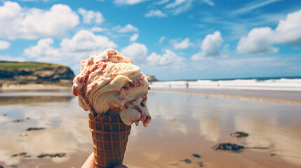 Melting Ice cream at Fistral beach, Newquay, Cornwall on a bright sunny June day - obrazy, fototapety, plakaty