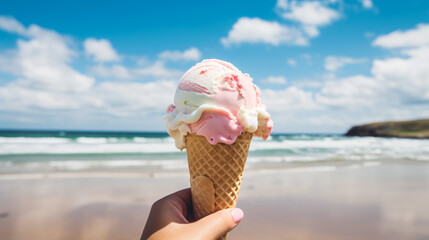 Melting Ice cream at Fistral beach, Newquay, Cornwall on a bright sunny June day - obrazy, fototapety, plakaty