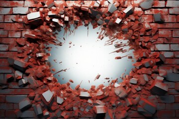 Red cracked wall with white hole in it. 3d render illustration - obrazy, fototapety, plakaty