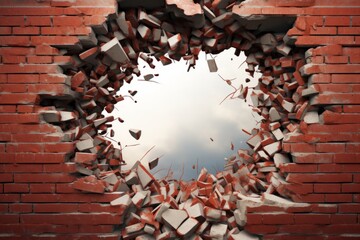 Broken brick wall with a hole in it. 3d render