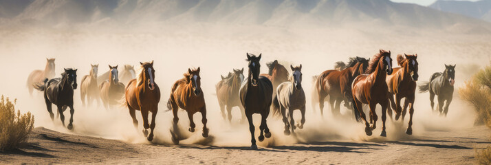 Breathtaking panoramic scene of wild horses charging towards viewer amidst American desert backdrop.