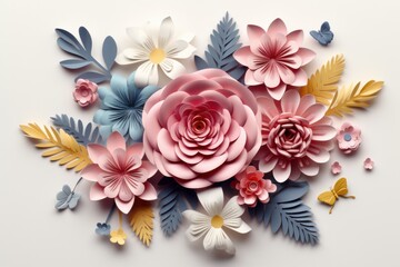 Paper flowers made of paper on white background. Flat lay, top view