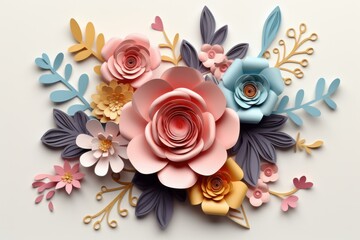Paper flowers on white background, 3d rendering. Computer digital drawing.