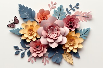 Paper flowers with butterfly, origami papercraft. Floral background