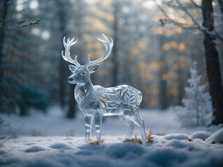 glass crystal deer in snow covered forest transparent christmas ornament decorative object