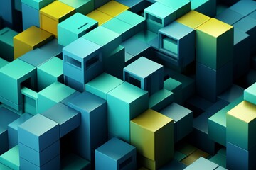 3d rendering of abstract background with cubes in green and blue colors