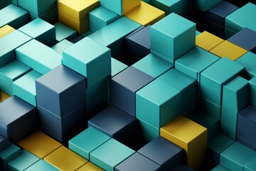 Abstract 3d illustration of blue, yellow and green cubes background
