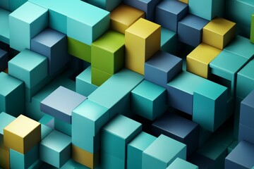 Abstract 3d illustration of blue, yellow and green cubes background