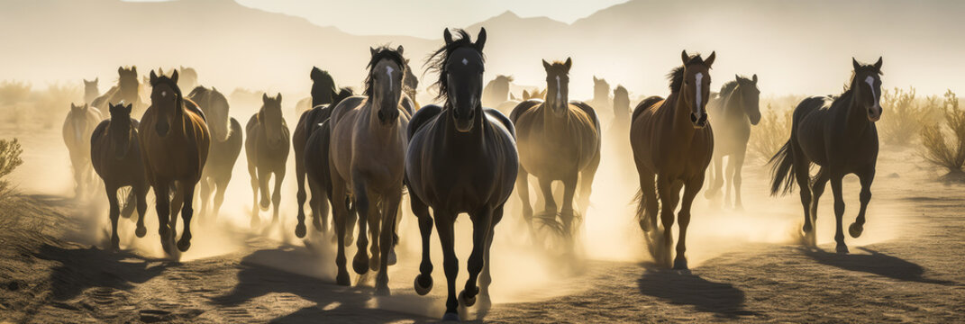 Breathtaking panorama of wild horses charging through the American desert, stirring up dust in dramatic fashion.