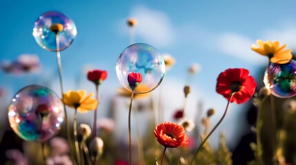 Obraz premium Soap bubbles, bokeh. Large bright colored flowers. Against the background of the blue sky. Generative AI technology.