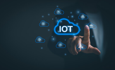 concept of digital transformation and Internet of Things(IOT) access to big data through global internet network ,man hand showing technology connection or connecting devices with modern automation