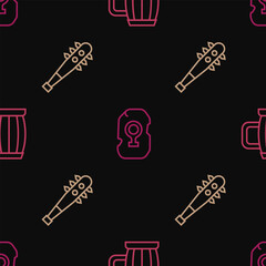 Set line Wooden beer mug, Mace with spikes and Magic rune on seamless pattern. Vector