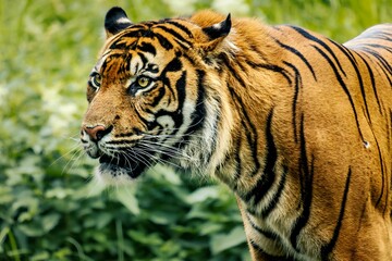 Majestic Bengal tiger stands in a lush grassland with plants and foliage in the background