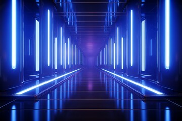 Naklejka premium Futuristic corridor with neon lights, 3d rendering. Computer digital drawing.