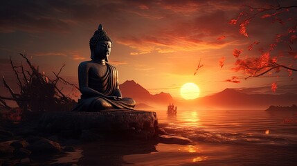Silhouette of a Buddha statue with a sunset generated by AI - obrazy, fototapety, plakaty
