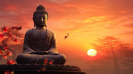 Silhouette of a Buddha statue with a sunset generated by AI