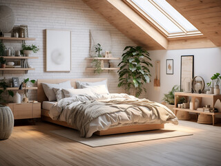 Inviting light wood bedroom interior, well-furnished. AI Generated.