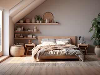 Contemporary light wood bedroom interior, simple design. AI Generated.