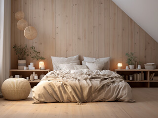 Light wood bedroom interior boasting a bright, tranquil ambiance. AI Generated.