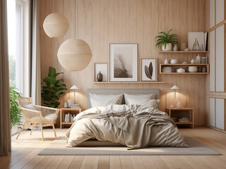 Stylish light wood bedroom interior, carefully chosen furniture. AI Generated.