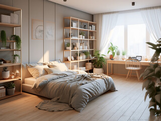 Light wood bedroom interior with a touch of simplicity. AI Generated.