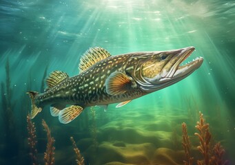 Fototapeta premium Pike fish under water, generative ai