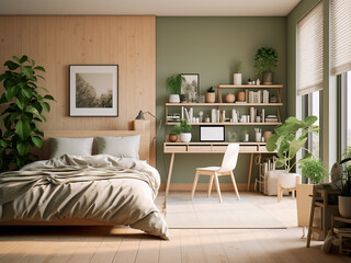 Light wood bedroom interior with thoughtfully arranged furniture. AI Generated.