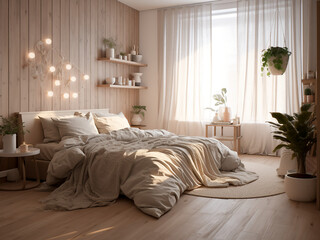 Subtle yet inviting light wood bedroom interior with charm. AI Generated.