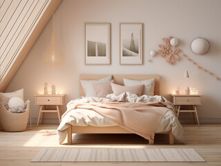Light wood bedroom interior featuring cozy furnishings. AI Generated.