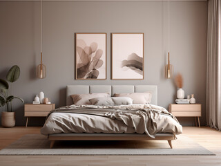 Bright minimalism bedroom interior with sleek furniture. AI Generated.
