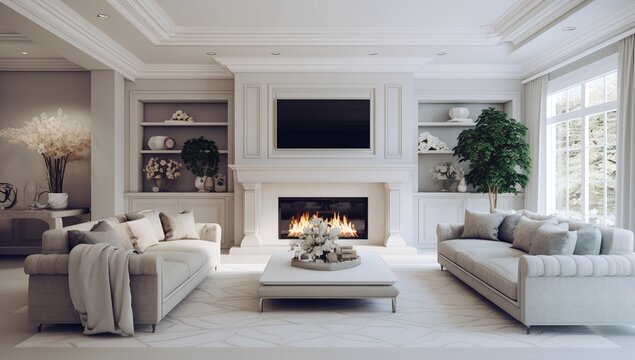 Luxury living room interior with fireplace, generative ai