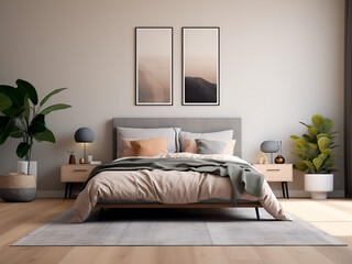 Chic minimal bedroom interior with serene accents. AI Generated.