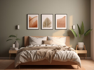 Minimal bedroom interior with soft hues. AI Generated.