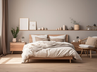 Minimal bedroom interior showcasing essential furniture. AI Generated.