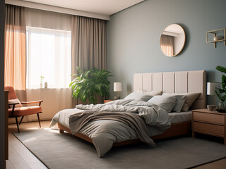 Serene minimal bedroom interior, balanced style. AI Generated.