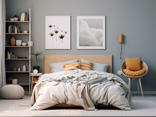 Stylish minimal bedroom interior, curated furniture. AI Generated.
