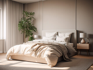 Harmonious minimal bedroom interior with ample decor. AI Generated.