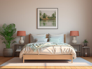 Minimal bedroom interior with a touch of simplicity. AI Generated.
