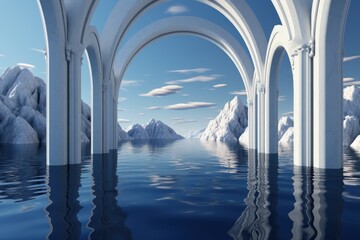 Fantasy landscape with arches and snow-capped mountains reflected in water