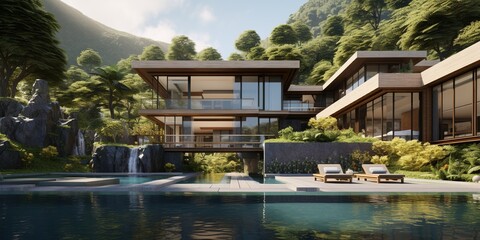 Fototapeta na wymiar Generative AI, View of swimming pool in front of a modern luxury house. Villa, hotel resort