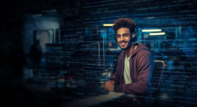 Programmer sitting in front of large computer monitors with lines of code in a office background at evening. Generative AI.