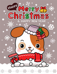 Cute Baby Dog in Snowman Costume at Christmas Night, Cartoon Kawaii Style