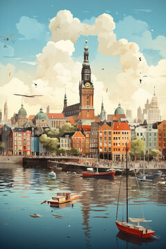 Hamburg City in Germany Travel Illustration